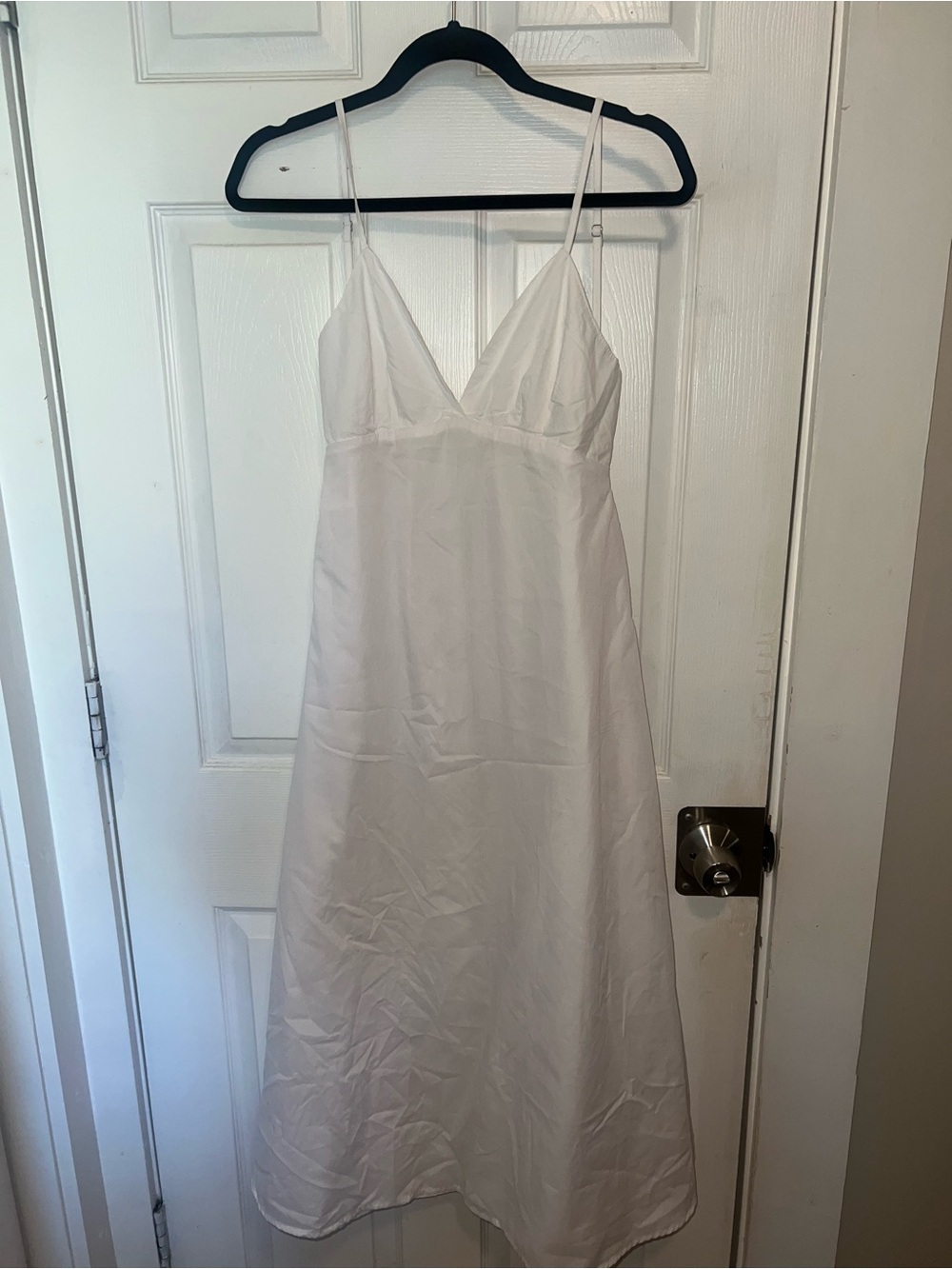 Commense White Satin Maxi Slip Dress with Spaghetti Straps